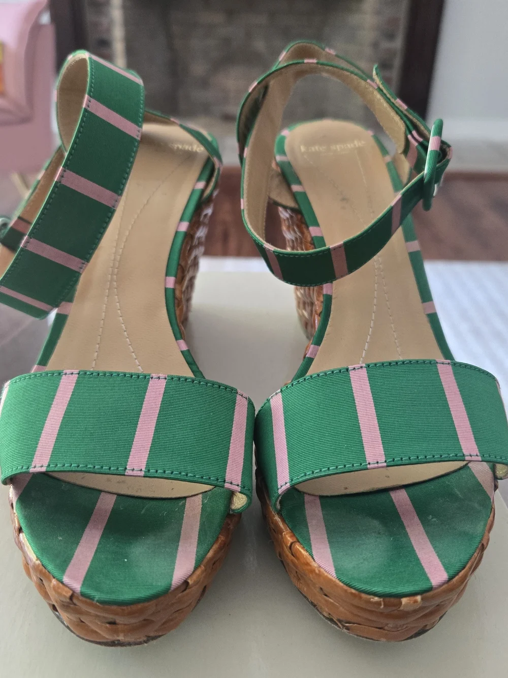 kate spade Pink & Green Striped Wedge Sandals